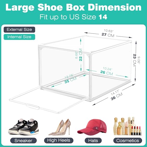 12 Pack Drop-Front Clear Shoe Box Acrylic Storage Box Shoe Organizer Size 13, Stackable Shoe Tower with Magnetic Door Large Storage Bins for Sneaker Containers Display & Closet Organization - color: Clear, size: Large Size 14