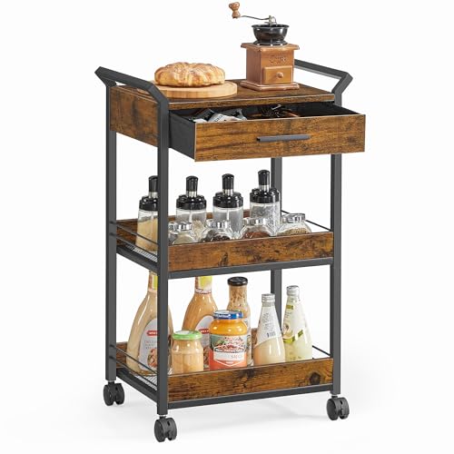 VASAGLE Storage Cart, 3-Tier Rolling Utility Cart with Table Top, Handles, 4 Lockable Casters, Top Drawer, Mesh Shelves, for Kitchen, Bathroom, Bedroom, Rustic Brown and Ink Black ULRC048K01 - color: Rustic Brown + Ink Black, size: 3 Tiers (27.8"H)