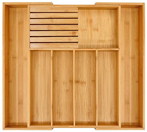 VaeFae Bamboo Silverware Drawer Organizer Kitchen, Expandable Utensil Organizer with Knife Block, Cutlery Tray with Divider, Multifunctional Drawer Organizer - color: Natural, size: Large - Expandable with Block