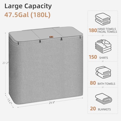STORAGE MANIAC Triple Laundry Hamper with Lid, 180L Tall Metal Frame Laundry Baskets with Removeable Bag, Large Clothes Hamper with PU Tag, Laundry Bin for Dorm, Collage, Bathroom, Bedroom, Gray - size: 3 Section