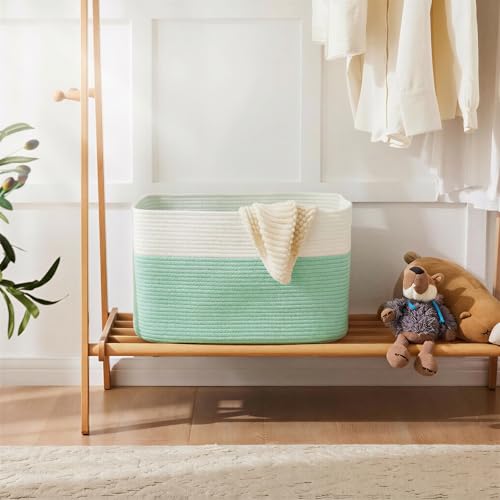 Artfeel Blanket Basket,Rectangle Woven Baskets for Storage,30L Laundry Basket for Decorative Nursery Blanket,Toys,Dirty Clothes and Magazine in Shelves,Baby Room,and Living Room - color: Green, size: 30L