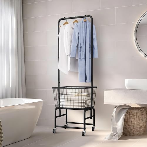 Rolling Laundry Cart with Wheels, Laundry Hamper Basket Organizer with Clothes Hanging Rack, Wire Storage Cloth Shelf Butler, Black - color: Black