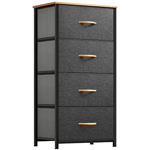 YITAHOME Storage Tower with 4 Drawers - Fabric Dresser, Organizer Unit for Bedroom, Living Room, Closets - Sturdy Steel Frame, Easy Pull Fabric Bins & Wooden Top - color: Cool Dark Grey, style: 4-Drawer