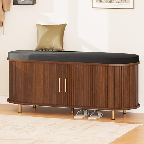 DHH 2-Tier Storage Bench,Wide Shoe Bench with Thickened Padded Seat Cushion, Mid Century Modern Fluted Sliding Door and Adjustable Shelf, for Entryway, Living Room, Bedroom (Walnut, 43.3“) - color: Walnut, size: 43.3 inch