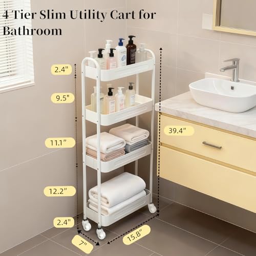 4 Tier Slim Kitchen Storage Cart for Narrow Space, 7.1'' Wide Metal Rolling cart with Wheels and Lockable Casters, Sturdy Mobile Thin Shelf for Laundry Room Between Washer and Dryer, White - color: White, size: 4 tier