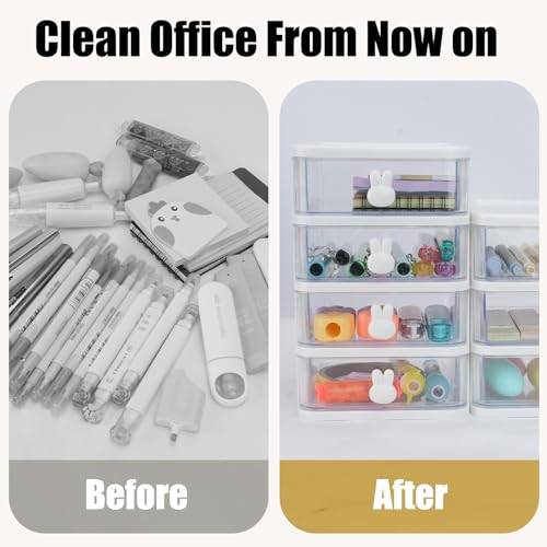 CEYAZYE Desk Organizer with Drawer, Stackable Makeup Organizer White, Small Plastic Storage Box for Desktop, Bathroom Counter or Dresser, School, Home, Office (4 Tier) - color: White-4 Tier