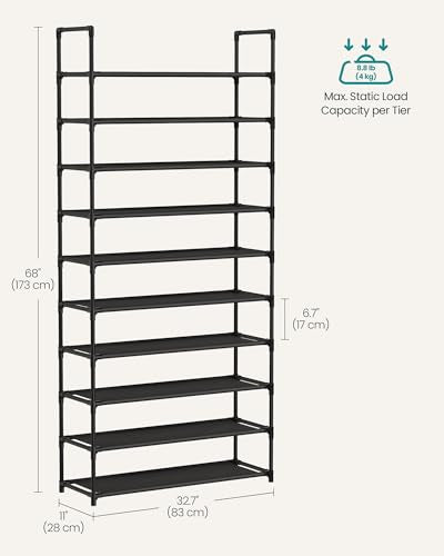 SONGMICS Shoe Rack, 10-Tier Shoe Shelf, Shoe Storage Organizer, 11 x 32.7 x 68 Inches, Metal Frame, Non-Woven Fabric Shelves, for Entryway, Bedroom, Black ULSH110BH01 - color: Black, size: 11"D x 32.7"W