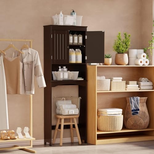 Gizoon Over the Toilet Storage Cabinet with Adjustable Shelf and Double Doors, Bathroom Space Saver Organizer Above Toilet with Open Shelf, Taller Wooden Free Standing Toilet Rack -Espresso - color: Espresso