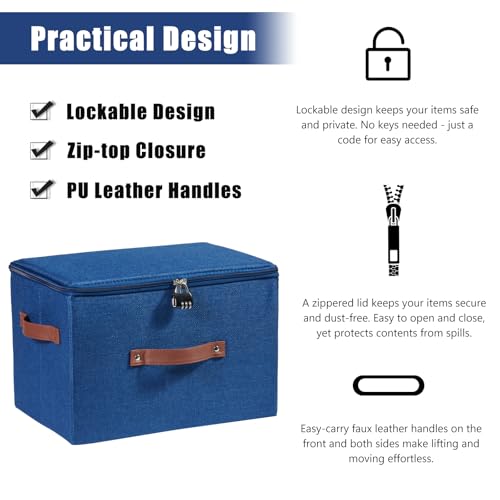 Storage Bins Boxes with Zipper Lid Combination Lock PU Leather Handles Cotton Linen Fabric Lidded Lockable Baskets Foldable Washable Closet Shelf Organizer Container (Deep Blue, Large) - color: Deep Blue, size: Large ( Set of 1 )