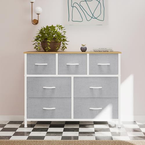 OLIXIS 7 Drawers Dresser for Bedroom, Fabric Storage Tower for Living Room, Entryway - Sturdy Steel Frame, Wooden Top and Easy Pull Fabric Bins, Closet Chests Organizer for Clothes,Light Gray - color: Light Gray, size: 11.8"D x 39.4"W x 30"H (7 Drawers)