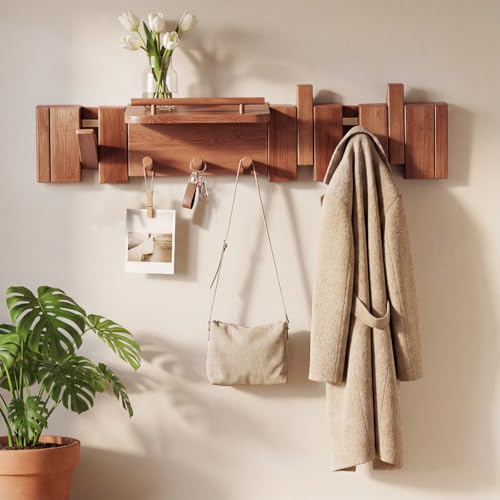 Mid Century Modern Walnut Foldable Entryway Wall Coat Hanger Hook with Shelf,Heavy Duty Wooden Piano Hidden Towel Hooks for Bathroom,Wall Rack for Purse&Key&Mail,Home Decor (Walnut, 7 Hooks) - color: Walnut, size: 7 Hooks