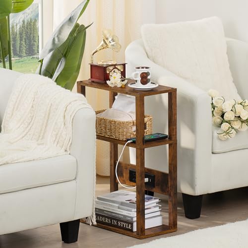 YUFAM 3-Tier Small Narrow Wood Side Table with Charging Station, Skinny Nightstand for Small Space, Slim Bedside Table with Storage for Couch, Thin End Table with USB Ports and Outlets, Rustic Brown - color: Brown, size: 1 Pack