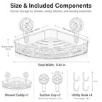 Corner Shower Caddy with Strong Suction Cups, No-Drill 90° Corner Shower Organizer with Hooks, Removable Wall Mounted Shelf for Tile, Glass & Metal (White/Clear)