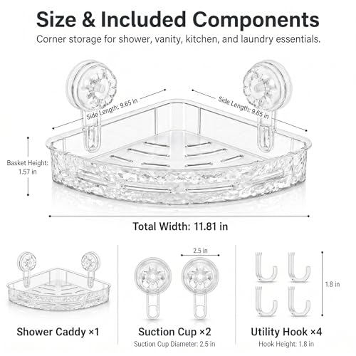 Corner Shower Caddy with Strong Suction Cups, No-Drill 90° Corner Shower Organizer with Hooks, Removable Wall Mounted Shelf for Tile, Glass & Metal (White/Clear)