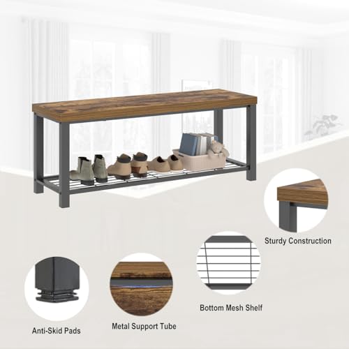 EXCEFUR Entryway Bench, Modern Wood and Metal Storage Bench for Hallway Front Door Entrance, Industrial Indoor Shoe Rack Bench Seat for Living Room Bedroom, 43.3 Inch Rustic Brown - color: Rustic Brown, size: 2-Tier