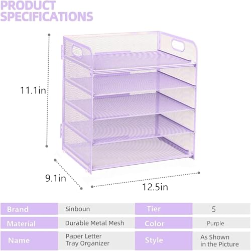 Letter Tray Paper Organizer 5-Tier Desk Organizer File Organizer Paper Holder with Handle, Metal Desktop Document Shelf Tray Office Classroom Organization - Purple - color: Purple