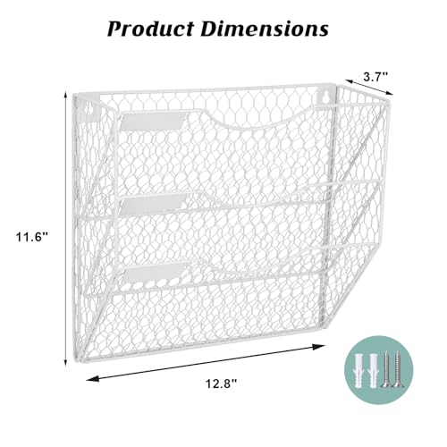 EASEPRES Mail Organizer Wall Mount Hanging File Holder Storage, Metal Chicken Wire Magazine Rack 3 Tier, White - color: White, size: 3 Tier