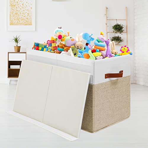 Gowee Large Toy Storage Box with Lid, Sturdy Toys Storage Chest Bin Organizer Basket with Dividers for Kids, Boys, Girls, Nursery, Closet, Bedroom, Playroom 25"x13" x16" (Beige and White) - color: Beige and White, size: 25"x13" x16"
