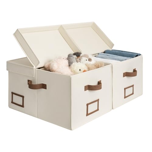 StorageWorks Large Clothes Storage Bins, Fabric Boxes with Divider Board, Baskets for Clothes, Linen Closet Organizers with Lid, Ivory White, 2-Pack - color: Ivory White, size: Large