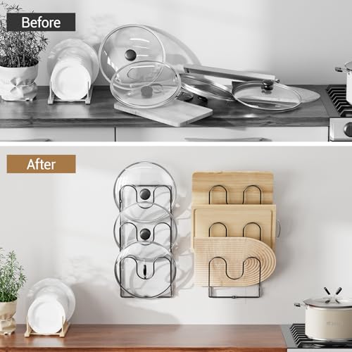 ORDORA 2 Pack Pot Lid Organizer Rack for Cabinet Door, 6-Tier Pot Lid Holders inside Cabinet, No Drilling Adhesive Wall Door Mounted Rustproof Pots and Pans Cover Organizers for Kitchen Storage, Black - color: Black