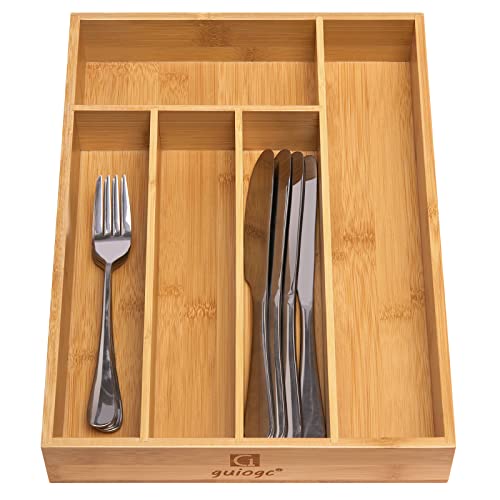guiogc Kitchen Bamboo Silverware Drawer Organizer，Silverware Organizer and Cutlery Tray with Grooved Drawer Dividers for Silverware, Knives in Kitchen, Bedroom (5 Slot-Natural) - size: 5 Slot