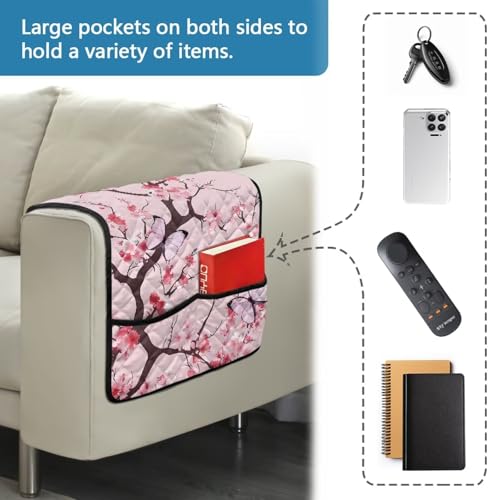 Pink Cherry Blossom Print Armrest Covers for Sofa with 2 Pockets Comfortable Sofa Chair Armrest Protector Anti-Slip Armchair Slipcover for Couch Furniture Protector - color: Pink Cherry Blossom
