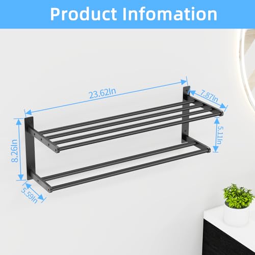 Bathroom Towel Rack 24", 2 Tier Towel Racks for Bathroom Wall Mounted, Bathroom Shelf with Double Towel Bar, Stainless Steel Towel Storage for Bathroom Lavatory Towel Holder Hanger, Black - color: Black, size: 2-Tier