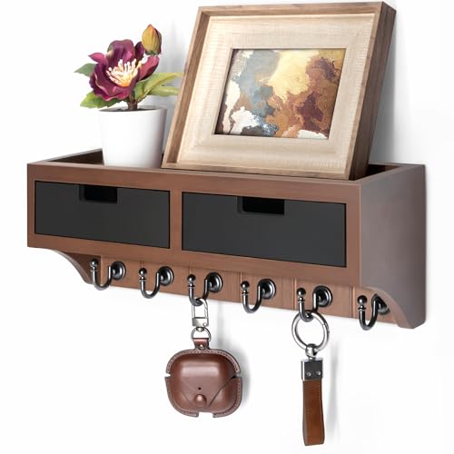 Rebee Vision Modern Farmhouse Key Holder Wall Mount with 2 Drawer Organizer : Mail Organizer with 6 Key Hooks and Wall Shelf - Home Organization for Room Decor (Brown & Black) - color: Brown & Black, style: 2-Drawer