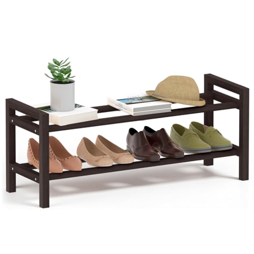 Haddockway Bamboo Shoe Rack for Closet, Free Standing Shoe Organizer with Smooth Round Rods & Convenient Handles, Stackable Shoe Storage Shelf for Entryway, Hallway(Brown, 2-Tier) - color: Brown, size: 2-Tier_Standard
