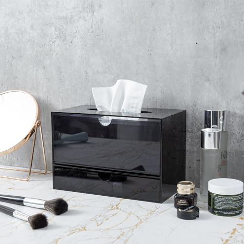 MyGift Premium Black Acrylic Cosmetic Organizer Caddy and Tissue Box Cover with Pull Out Makeup Storage Drawer - Countertop Bathroom Supplies Holder - color: Black