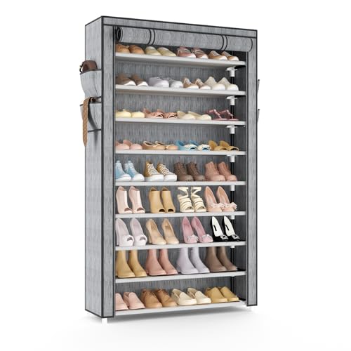 VILICK Shoe Rack with Cover Narrow Shoe Organizer with Pockets 10 Tier Tall Shoe Storage Holds 36-41 Pairs Shoes and Boots Shoe Rack for Closet Entryway Garage, Printing - color: Printing, size: 10 Tiers-34.6" Wide