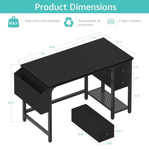Lufeiya Computer Desk with Fabric Drawers, 40 Inch Reversible Gaming Desk for Small Space Home Office, Modern Simple Study Writing Table PC Desks for Bedroom, Black - color: Black, size: 40 inch