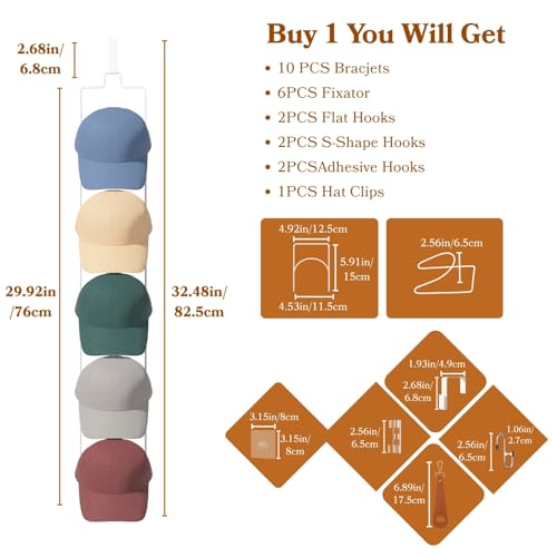 10 Pack Over The Door Hat Organizer for baseball caps | Multi-Functional Baseball Hat Rack for Closet | Wall Mounted Hat s torage organizer | 5 types of accessories cap holder stand w hooks ,White - color: 10pcs White, size: Trapezoidal Ring
