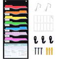 ALSLEA 8 Pockets Hanging Wall File Organizer 15" Extra Wide Pocket Chart for Classroom, Office, Home, Mail Organizer Wall Mounted with 1 Writable Clear Pocket, 5 Wall/ Door Hooks & 12 Labels (Black) - size: Medium (8 Pockets)