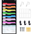 ALSLEA 8 Pockets Hanging Wall File Organizer 15" Extra Wide Pocket Chart for Classroom, Office, Home, Mail Organizer Wall Mounted with 1 Writable Clear Pocket, 5 Wall/ Door Hooks & 12 Labels (Black) - size: Medium (8 Pockets)