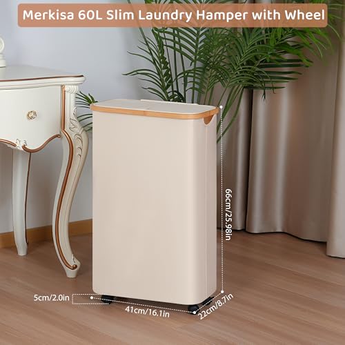 Slim Laundry Basket with Wheels,Narrow Hampers for Laundry,Freestanding Laundry Hamper with Lid&Bamboo Handles,Collapsible & Waterproof Tall Cloth Hamper for Dorm Family(60L Beige) - color: Beige, size: 60L with Wheels
