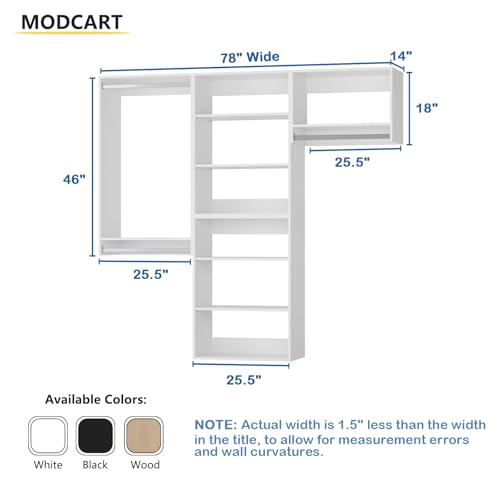 Modular Closet System, 78" Wide Closet Organizer System with Towers and Hanging, Wood Closet Tower Storage for Walk In Closets, Wall Mounted Wardrobe Organizer Kit System, Bedroom, White - color: White, size: 78" Wide, style: Tall Hanging + Double Hanging