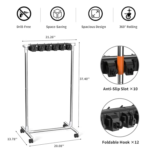 No-Drill Broom Holder Laundry Room Organization, Movable Cleaning Supplies Organizer, Cleaning Cart with 10 Racks and 12 Hooks, Broom and Mop Holder for Kitchen Laundry Garden Garage