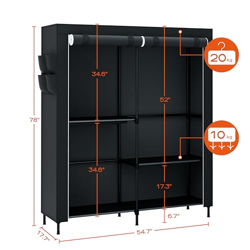 CASAMAYA Clothes Rack, Portable Closet, 54.7 Inch Large Capacity Wardrobe Closet with Cover, Clothes Storage Organizer with Shelves and 3 Hanging Rods, Easy to Assembly, Black PCT122B01 - color: Black, size: 54.7"L x 17.7"W x 78"H