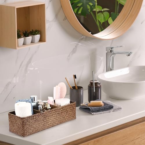 Seagrass Shelf Basket with Dividers, Rectangular Woven Storage Baskets for Organizing, Decorative Wicker Narrow Basket Tray with 3 Sections for Shelves, Toilet Tank, Bathroom Counter - color: Coffee