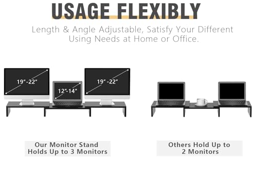 TAVR Dual Monitor Stand Riser Office Desktop Organizer Stand for 2 Monitors, Adjustable Length and Angle 3 Shelf, Extra Long Multifunctional Stand up to 43.3" fit Computer, Laptop, TV, Black - color: Black