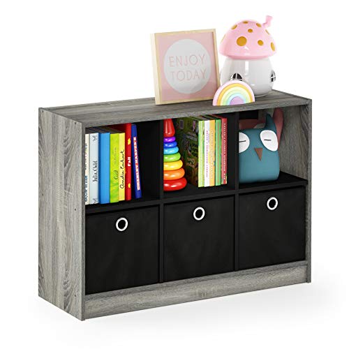 Furinno Basic 3x2 Cube Storage Bookcase Organizer with Bins, French Oak Grey/Black - color: French Oak Grey/Black, size: 6-Cube with Bin