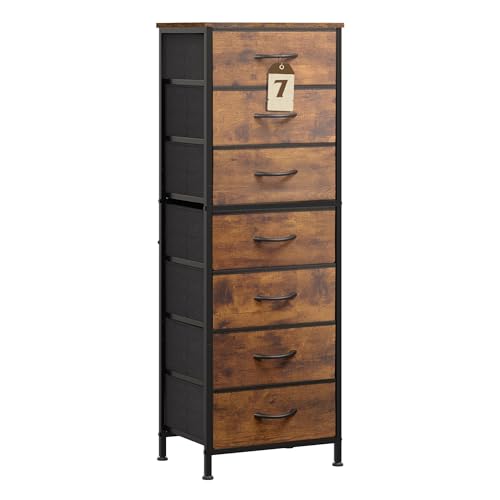 WLIVE Tall Dresser for Bedroom, 7 Drawer Dressers & Chests of Drawers, Fabric Dresser for Closet, Night Stand with Metal Frame, Storage Tower with Fabric Bins, Wood Top, Rustic Brown Wood Grain Print - color: Rustic Brown Wood Grain Print, size: 11.73"D x