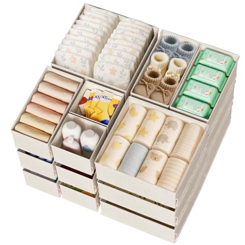 Cotton Linen Drawer Organizers for Baby Clothes, 20Pack Multi-Size Nursery Dresser Dividers for Clothes, Premium Foldable Storage Bins for Bedroom, Closet and Diaper Table, Beige - size: Linen 20 Pack