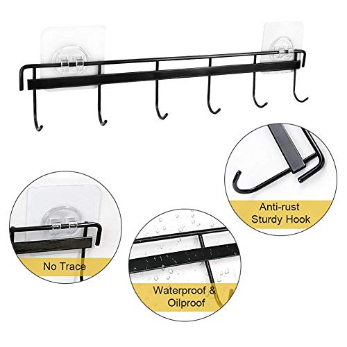 YiZhi Adhesive Wall Hooks Rack Kitchen Rail, Space Saving Utensil Holder No Drilling Wall Mounted Accessory Hanger with 6 Hooks for Kitchen Bathroom Bedroom Pack of 2 (Black) - color: Black