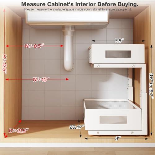 2 Packs 21IN Depth Under Sink Organizer, 2-Tier Pull Out Cabinet Organizer With Smooth Circular Rail, Large Capacity Metal Mesh Sliding Drawers For Bathroom& Kitchen Storage,Height Adjustable –White - color: White, size: 2 Pack-21"Dx11.6"-16.7" H