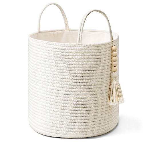 Mkono Woven Storage Basket with Handles Decorative Cotton Rope Basket Wooden Bead Decoration for Blankets,Toys,Clothes,Living Room Home Decor, 11", White - color: White, size: 11"W x 11"L