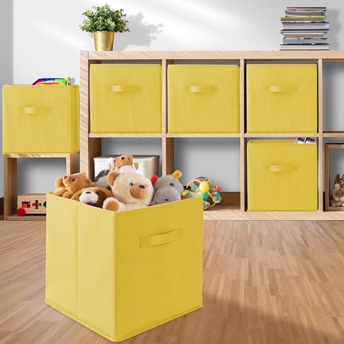 Casafield Set of 6 Collapsible Fabric Cube Storage Bins, Yellow - 13" Foldable Cloth Baskets for Shelves, Cubby Organizers & More - color: Yellow, size: 13" x 13" x 13"