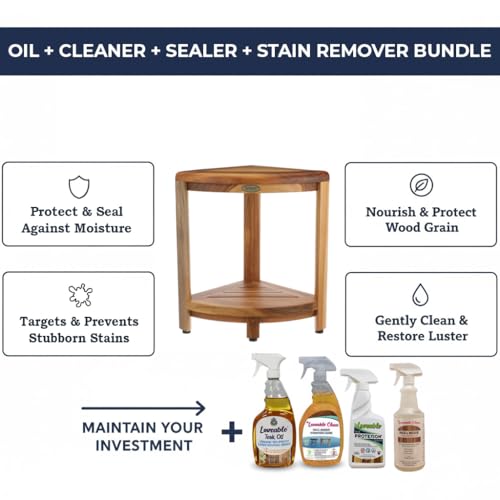 EcoDecors SnazzyCorner 18" Teak Wood Corner Shower Shelf, Fully Assembled | Loveable Four Pack Bundle - size: 2 Tier Fully Assembled + Loveable 4 Pack Bundle
