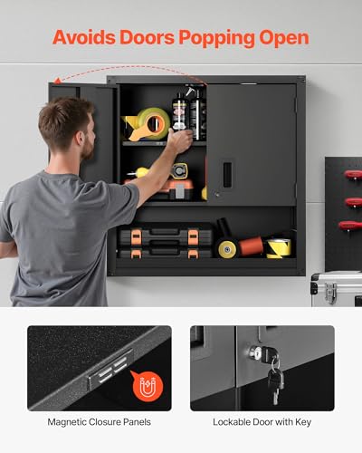 VEVOR Metal Wall Cabinet, 30W x 12.01D x 30H Inch, Steel Floating Hanging Storage Cabinet with Locking Doors and Adjustable Shelf for Garage, Basement, Kitchen, Warehouse Assembly Required, Black - style: Foldable 30" Open Grid
